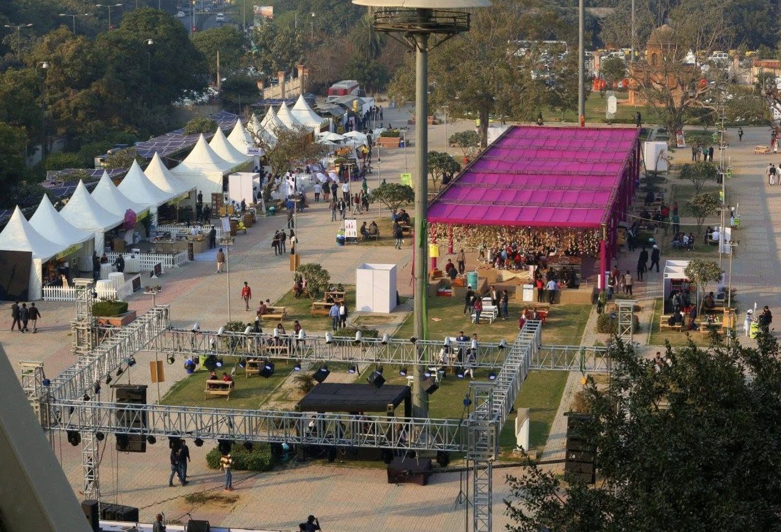 The grounds from above, by day