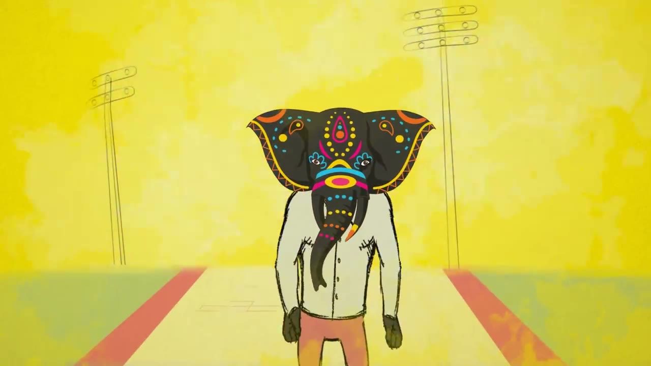 A frame of the official animated trailer: the stadium drawn in line, the carnival sign