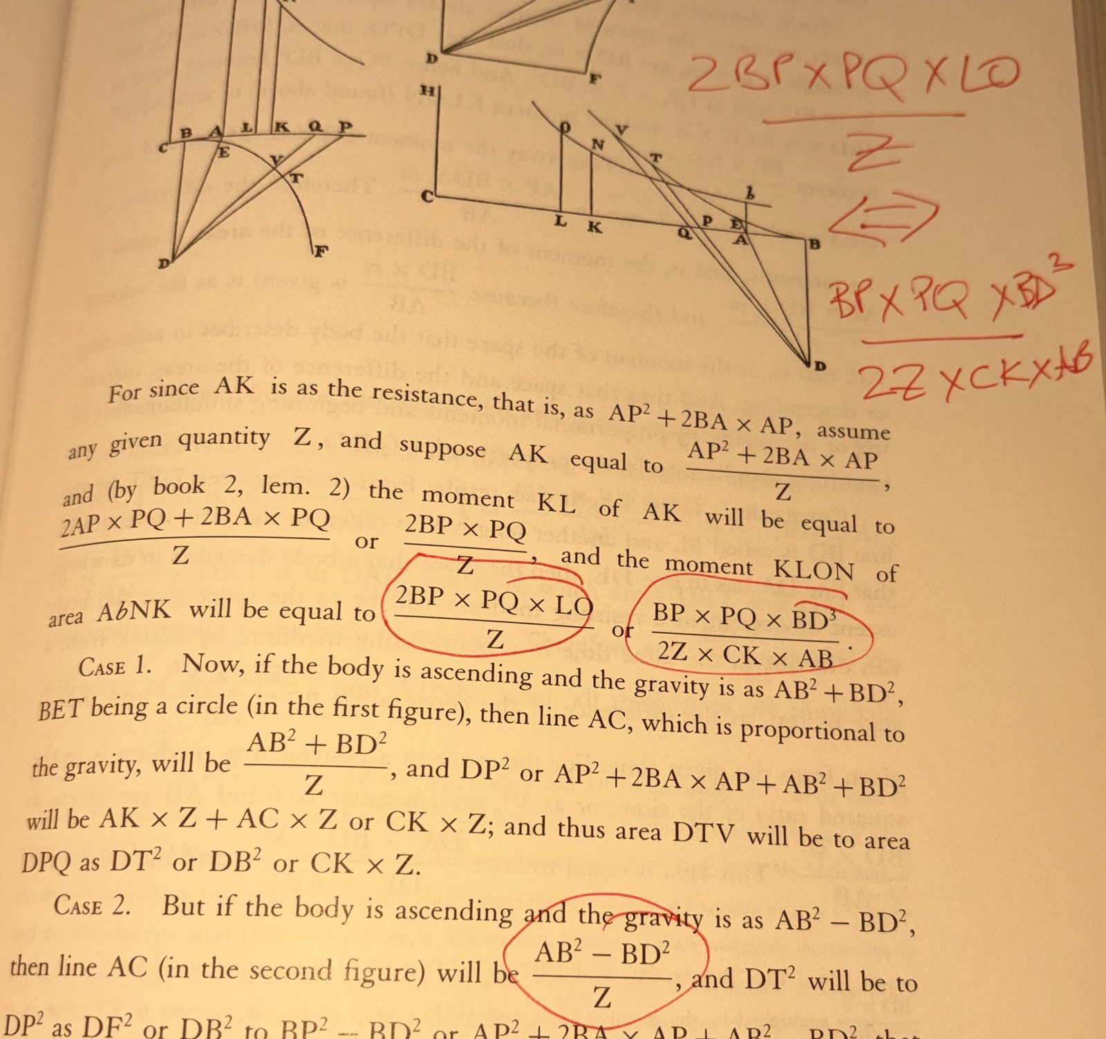 A printed page of the Principia with geometric figures and red-pen marks: two fractions copied into the right margin and joined with a double arrow, and ovals around the same fractions in the printed text.